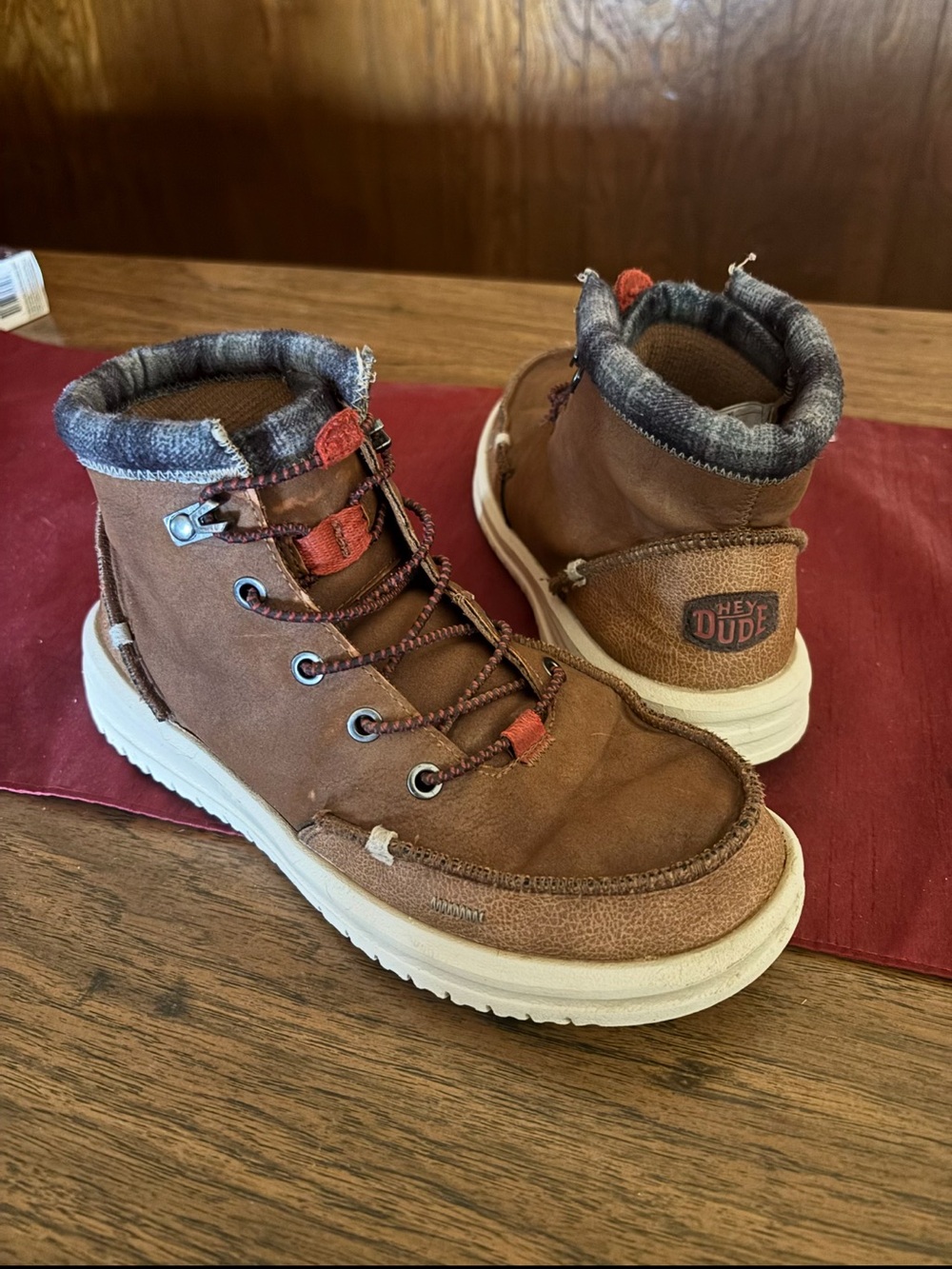 Hey Dude Kids Brown Lace-Up High-Top Boots with Cream Sole and Red Accents